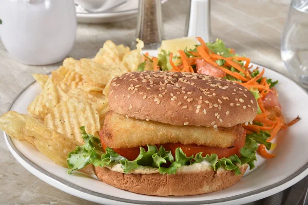 Sandwich Pesce Con Patatine Fritte Insalata — Foto Stock