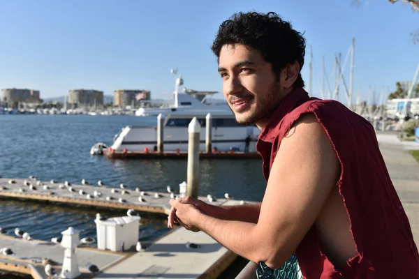 Happy Young Male Tourist Looking Out Beautiful Marina — Stock Photo, Image