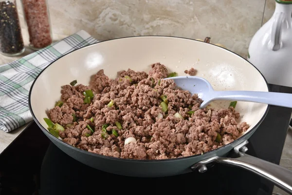 Browned Ground Beef Onions Cast Iron Skillet — Stock Photo, Image