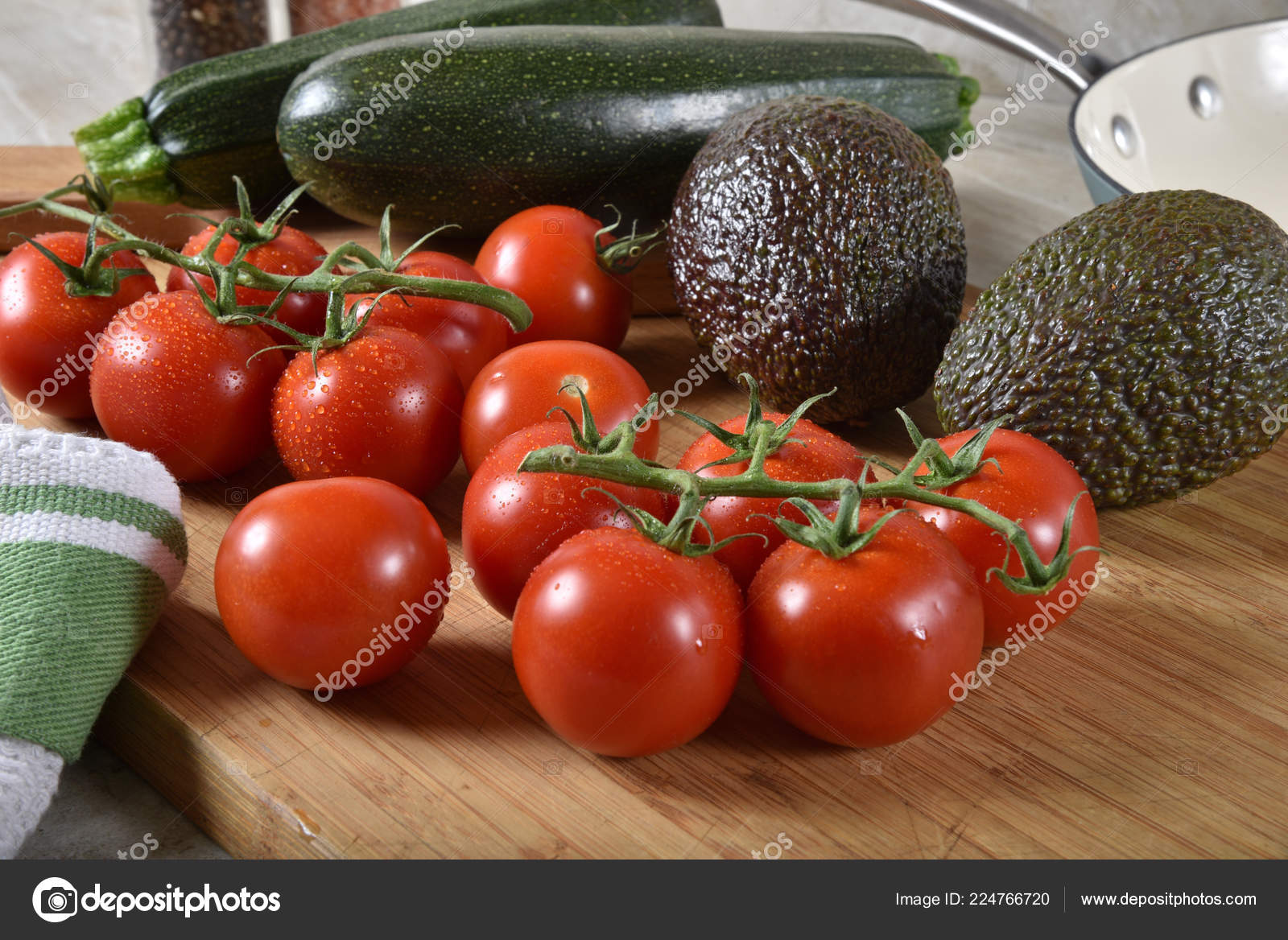 Fresh Pearl Tomatoes Vine Avocado Zucchini Cutting Board Next Cast