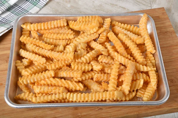 Baking Pan Hot Crinkle Cut French Fries Fresh Out Oven — Stock Photo, Image