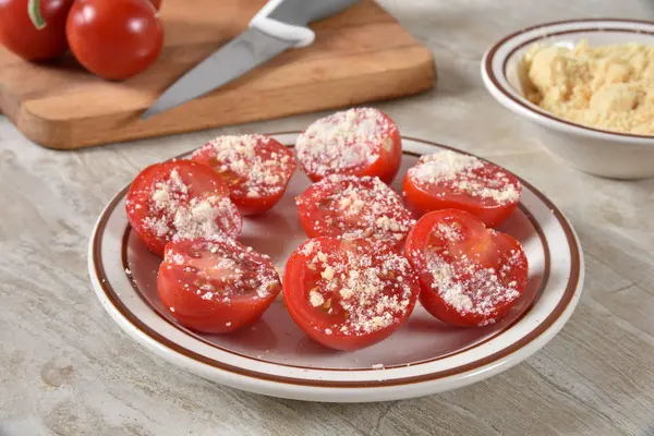 Plate Sliced Pearl Tomatoes Parmesan Cheese Sprinkled Top — Stock Photo, Image