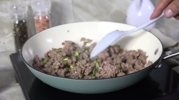 Cocer Carne Molida Fuego Lento Con Cebolla Una Sartén — Vídeos de Stock