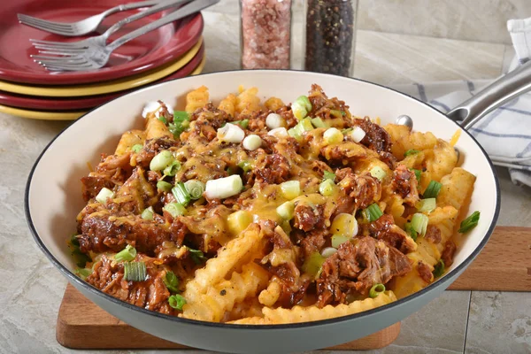 Loaded French Fries Cast Iron Skillet Barbecue Pulled Pork Melted — Stock Photo, Image