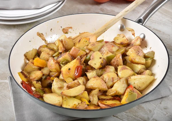 Gourmet Sauteed Potato Wedges Onions Red Green Bell Pepper — Stock Photo, Image