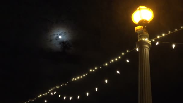 Dolunay Bir Elektrik Direği Üzerinde Sinirli Noel Işıkları Ile Ötesinde — Stok video