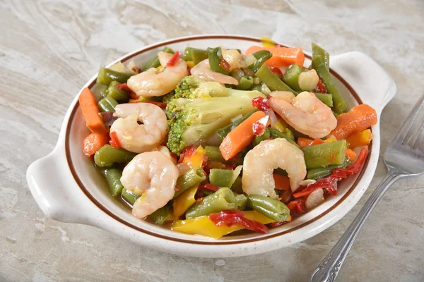 High Angle View Bowl Shrimp Stir Fry Green Beans Broccoli — Stock Photo, Image