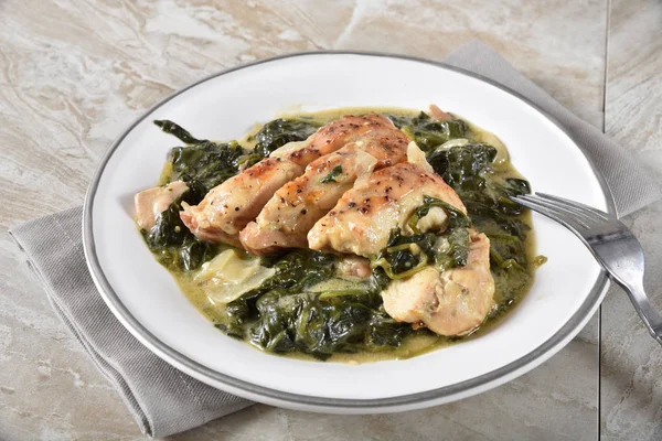 High Angle View Plate Gourmet Chicken Florentine — Stock Photo, Image