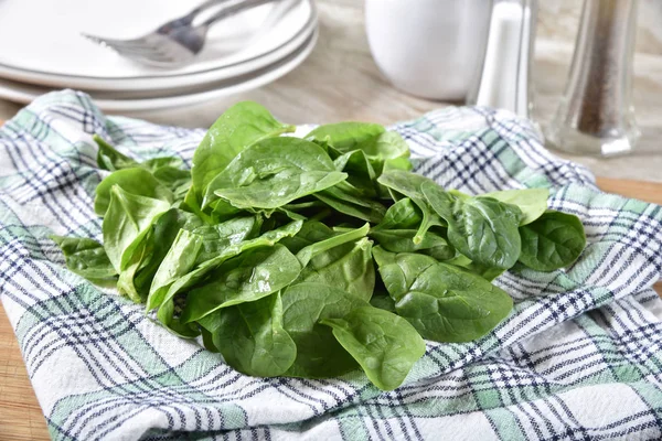 Frische Bio Gewaschene Spinatblätter Trocknen Auf Einem Küchentuch — Stockfoto