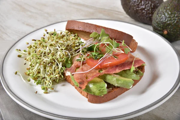 Avocado Sandwich Bacon Tomato Sprouts Gluten Free Toast — Stock Photo, Image