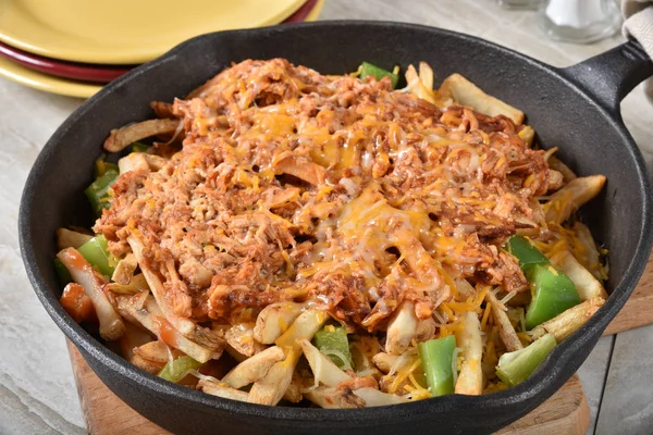 Close Loaded French Fries Pulled Chicken Green Bell Peppers Cheeses — Stock Photo, Image