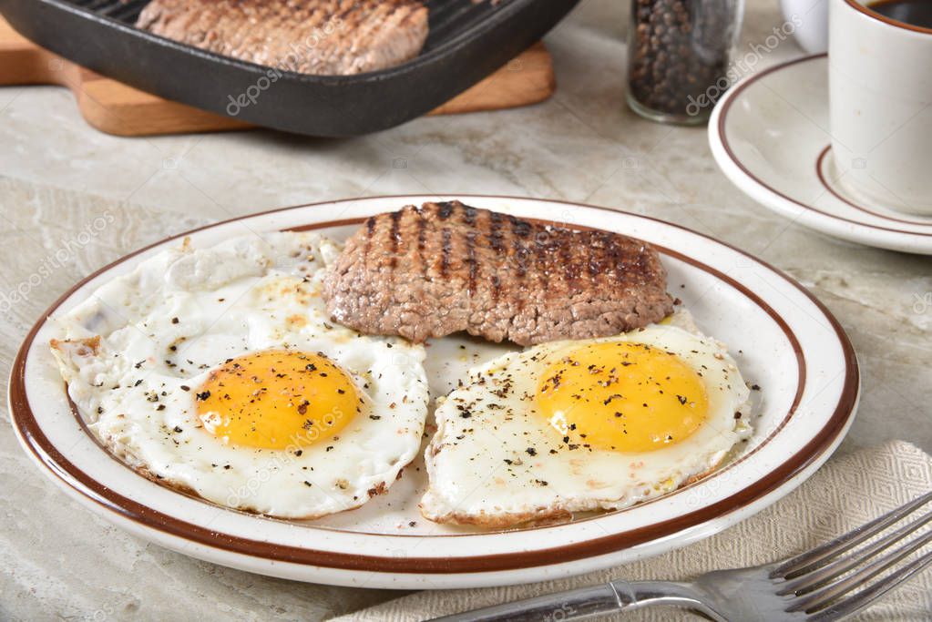 Steak and egg breakfast with a cup of coffee