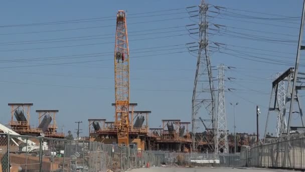 Cranes Power Lines Urban Construction Site — Stock Video