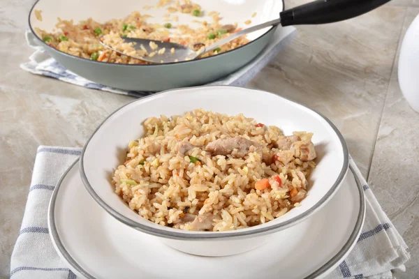 Gourmet Chicken Fried Rice Vegetables Next Cast Iron Skillet — Stock Photo, Image