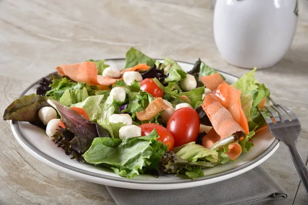 Closeup Bir Plaka Üzerinde Bir Mozzarella Peyniri Domates Salatası — Stok fotoğraf