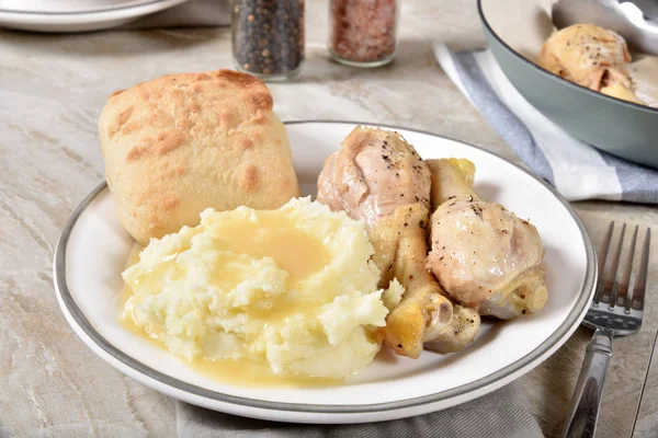 Fried Chicken Drumsticks Mashed Potatoes Gravy Dinner Roll — Stock Photo, Image