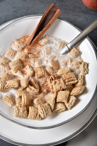シナモンの棒とエンバク朝食用シリアルのボウルのオーバーヘッドのクローズ アップ ビュー — ストック写真