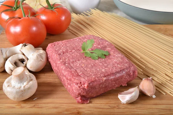 Carne Moída Cogumelos Alho Cebola Arroz Integral Macarrão Espaguete Sem — Fotografia de Stock