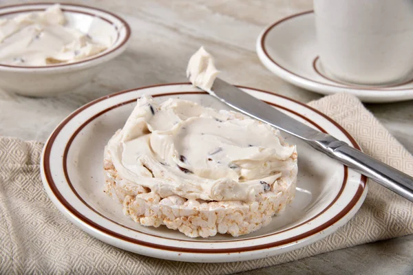 Gluten Free Rice Cake Honey Pecan Cream Cheese Cup Coffee — Stock Photo, Image