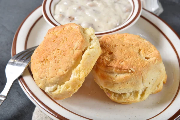 Close Fresh Baked Biscuits Country Gravy Sausage Bits — Stock Photo, Image