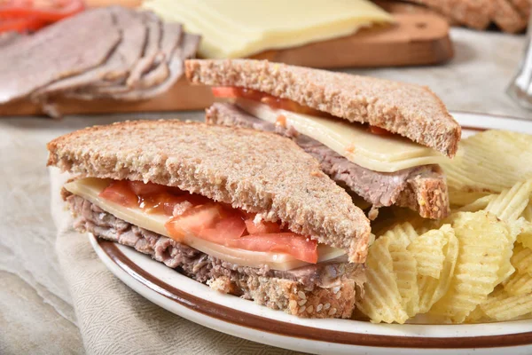 Homemade roast beef and swiss cheese sandwich — Stock Photo, Image