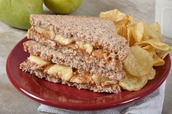 Peanut butter sandwich with potato chips — Stock Photo, Image