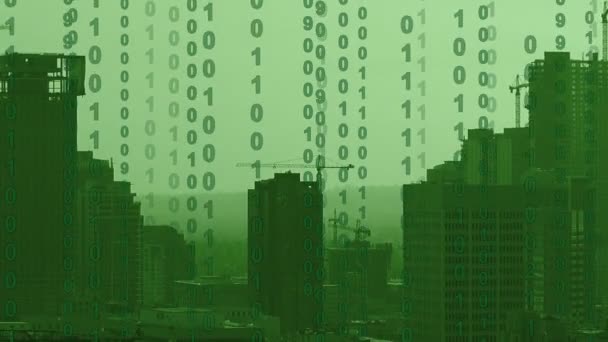 binärer Computercode, der über die Skyline von Los Angeles scrollt