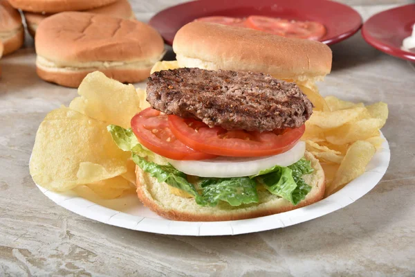 Hamburger on a picnic plate — Stock Photo, Image