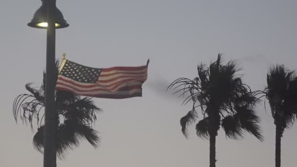 Una Bandera Los Estados Unidos Ondea Bajo Una Farola Atardecer — Vídeo de stock