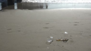Bir adam yürür ve plajdan atılmış plastik bardakları alır.