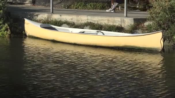 Person Walks Foot Bridge Yellow Boat Reflects Pond — Stock Video
