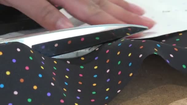Seamstress Cutting Fabric Scissors Closeup — Stock Video