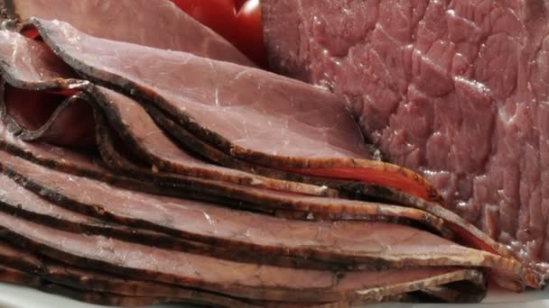Closeup Thin Sliced Gourmet Roast Beef — Stock Video