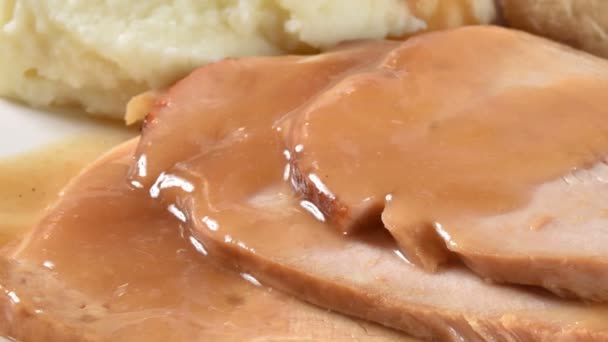 Gourmet Sliced Turkey Mashed Potatoes Gravy — Stock Video