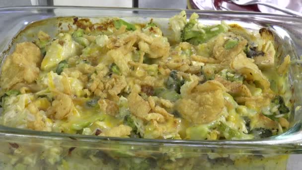 Hot Steaming Chicken Broccoli Rice Casserole Baking Dish — Stock Video