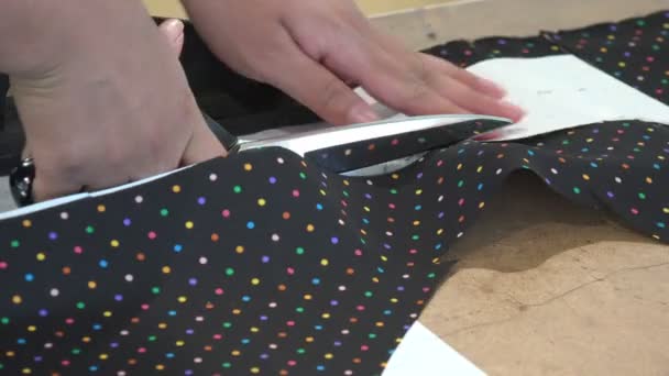 Closeup Dressmaker Cutting Fabric Scissors — Stock Video
