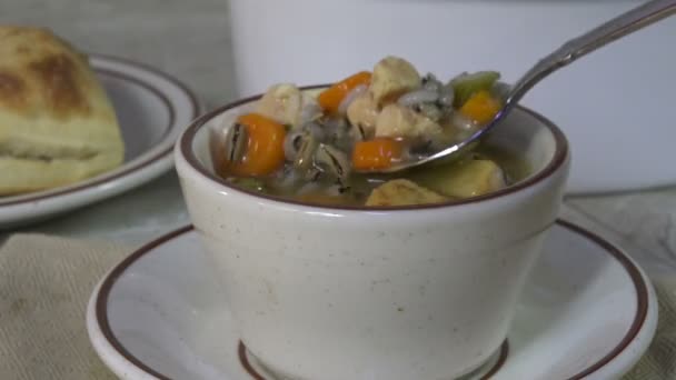 Taking Spoonful Chicken Soup Closeup — Stock Video