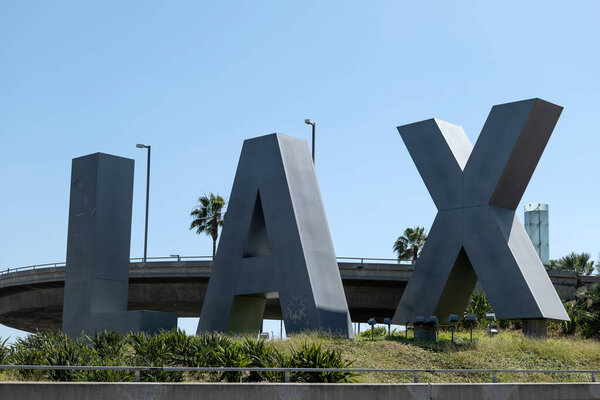 Los Angeles, CA / USA - May 24, 2020: The large LAX sign at the entrance to Los Angeles International Airport on Century Blvd
