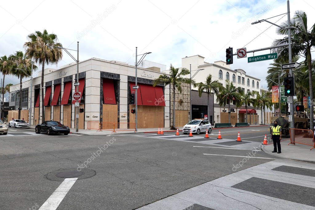 Beverly Hills, CA/USA - Cartier and all other stores on Rodeo Drive boarded up after being looted during the Black Lives Matter protests