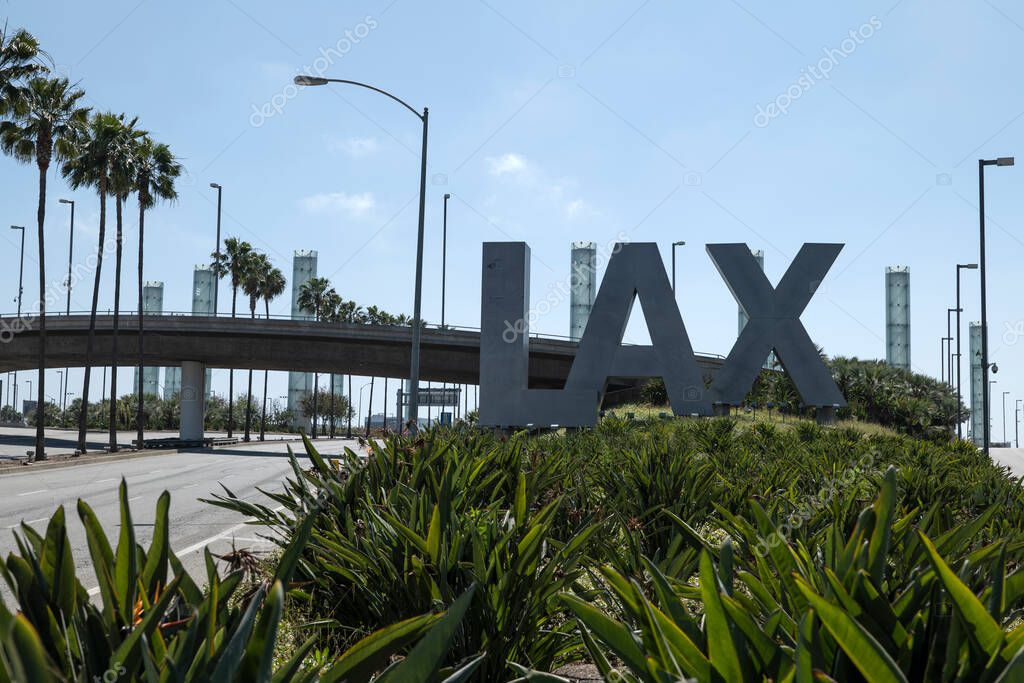 Los Angeles, CA/USA - May 24, 2020: The large LAX sign at the entrance to Los Angeles International Airport on Century Blvd