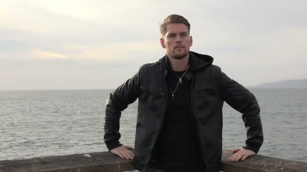 Handsome Young Man Jacket Leaning Pier Ocean — Stockvideo