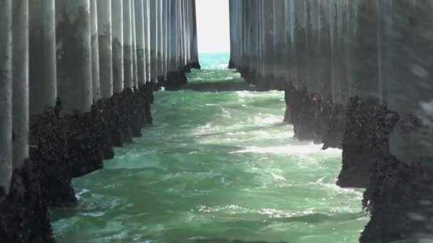 Waves Breaking Pier Close Slow Motion — Stock video