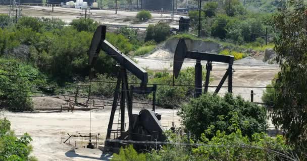 Vista Cerca Las Tomas Bomba Que Trabajan Campo Petróleo — Vídeo de stock