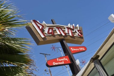 Los Angeles, CA/USA - May 23, 2020: Distinctive sign for historic Panns Restaurant, a historic example of Googie architecture. Illustrative editorial clipart