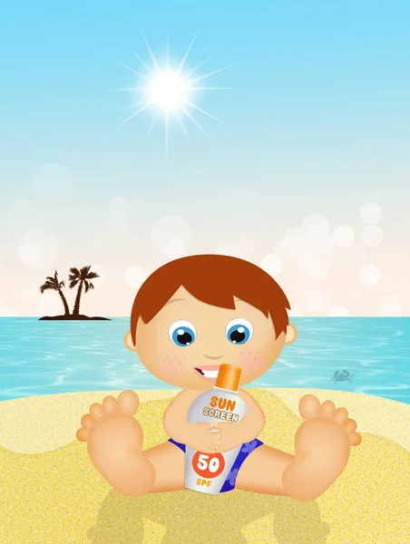 Criança Com Sol Alta Proteção Praia — Fotografia de Stock