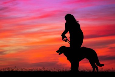 Kız köpekle illüstrasyon gün batımında