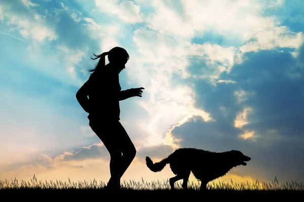 Meisje Loopt Met Hond Bij Zonsondergang — Stockfoto