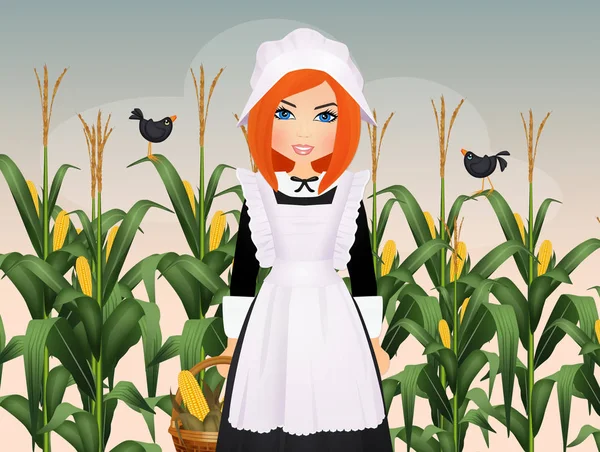 Illustration Pilgrim Woman Corn Cob — Stock Photo, Image