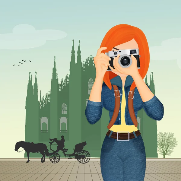 Ilustrace Turistické Dívky Miláně — Stock fotografie