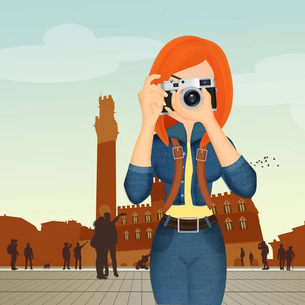 Ilustrace Turistické Dívky Sieně — Stock fotografie
